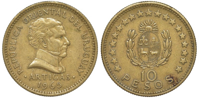 Уругвай 10 песо 1965 KM 48 алюминиевая бронза 4574-221