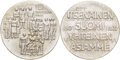 Финляндия 10 марок 1977 K-H, 60 лет независимости (1917-1977) KM 55 серебро UNC 1515-1445