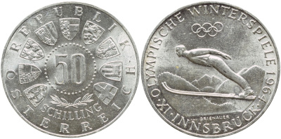 Австрия 50 шиллингов 1964 Зимняя Олимпиада 1964 года в Инсбруке, прыжки с трамплина KM 2896 серебро 413-1911