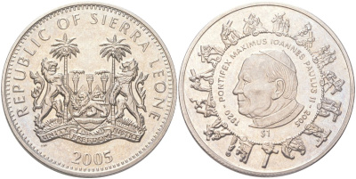Сьерра-Леоне 1 доллар 2005 Иоанн Павел II - Смерть папы, 2 апреля 2005 KM 322 медно-никель BU 4368-1224