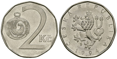 Чехия 2 кроны 1994 KM 9 сталь плакированная никелем 4167-942