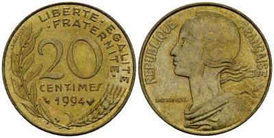 Франция 20 сантимов 1994 тип Marianne KM 930 медь алюминий никель 4135-641