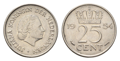 Нидерланды 25 центов 1954 Юлиана (1948-1980) KM 183 никель 4658-757