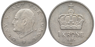 Норвегия 1 крона 1981 Улаф V (1958-1991) KM 419 медно-никель 25-2214
