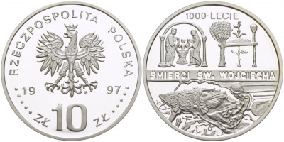 Польша 10 злотых 1997 MW, 1000 летие со дня смерти Святого Адальберта Пражского, тираж 25000 экземпляров KM 321 серебро PROOF 1084-7-35