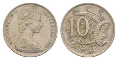 Австралия 10 центов 1970 Елизавета II (1952-2022), птица лирахвост KM 65 медно-никель 4364-4532