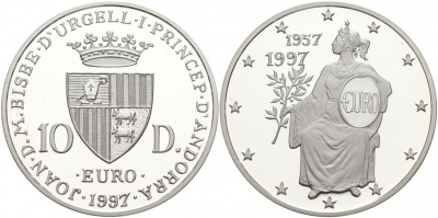 Андорра 10 динеров 1997 40 лет Римскому договору KM 130 серебро PROOF 11-039-44