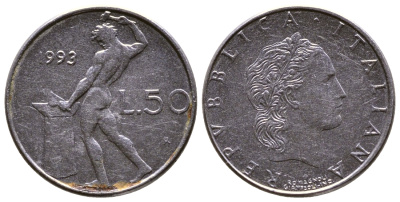ИТАЛИЯ 50 ЛИР 1993 R, КУЗНЕЦ КМ 95.2 сталь 4379-917