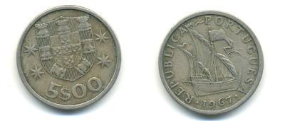 ПОРТУГАЛИЯ 5 ЭСКУДО 1967 ПАРУСНИК KM 591 медно-никель 176-213