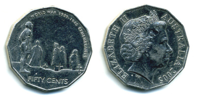 АВСТРАЛИЯ 50 ЦЕНТОВ 2005 1939-1945 В ПАМЯТЬ О ВОЙНЕ KM 746 медно-никель 89-1235