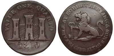 Гибралтар 1/4 пенни 1810 токен, Роберт Килинг и сыновья KM Tn 3.2 медь 441-1131