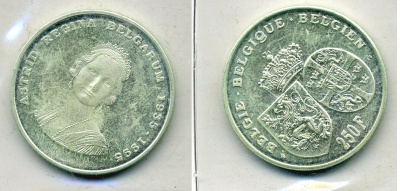 Бельгия 250 франков 1995 Belgie-Belgique, 60 лет со дня смерти королевы Астрид (1935-1995) KM 199 серебро UNC 443-911