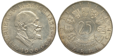 Австрия 25 шиллингов 1958 100 лет со дня рождения Карла Вельсбаха KM 2884 серебро aUNC 1520-144