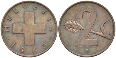 Швейцария 2 раппена 1963 В KM 47 бронза 4591-1244