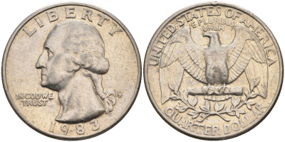 США 25 центов = квотер 1983 P, Вашингтон KM A164a медь плакированная медно-никелем 4584-1145