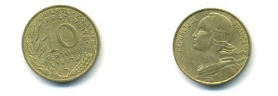 ФРАНЦИЯ 10 САНТИМОВ 1980 ТИП MARIANNE КМ 929, LE FRANC 144.20 алюминиевая бронза 54-1716