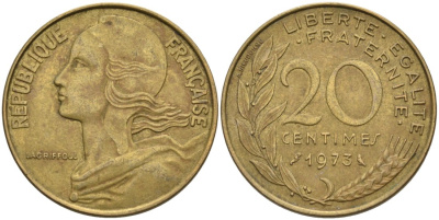ФРАНЦИЯ 20 САНТИМОВ 1973 ТИП MARIANNE KM 930, LE FRANC 156.13 медь алюминий никель 4573-1044
