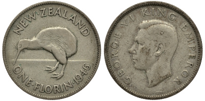 Новая Зеландия 1 флорин 1946 Георг VI (1936-1952), птичка киви KM 10.1 серебро 272-1631