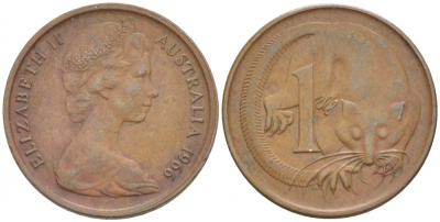 АВСТРАЛИЯ 1 ЦЕНТ 1966 ЕЛИЗАВЕТА II, МОЛОДОЙ ПОРТРЕТ, ОПОССУМ КМ 62 бронза 4532-514