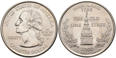 США 25 центов = квотер 2000 Р, серия штаты США, Мэриленд KM 306 медь плакированная медно-никелем 4586-126