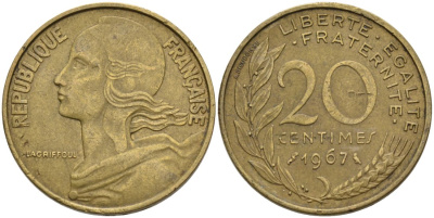 ФРАНЦИЯ 20 САНТИМОВ 1967 ТИП MARIANNE KM 930, LE FRANC 156.7 медь алюминий никель 4573-1036