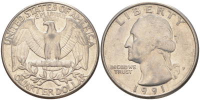 США 25 ЦЕНТОВ = КВОТЕР 1991 P, ВАШИНГТОН KM A164a медь плакированная медно-никелем 4114-931