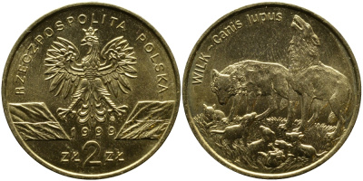 Польша 2 злотых 1999 MW, серия сохраним природу, волк KM 355 нордик UNC 1526-715