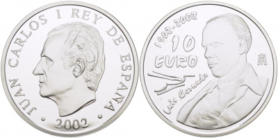 Испания 10 евро 2002 100 лет со дня рождения поэта Луиса Сернуда KM 1087 серебро PROOF 11-162-35