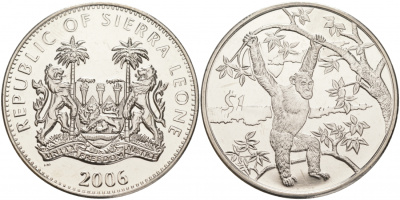 Сьерра-Леоне 1 доллар 2006 серия защита окружающей среды, шимпанзе (обезьяна) KM 313 медно-никель UNC M20-21