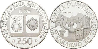 Югославия 250 динаров 1982 XIV зимние Олимпийские игры в Сараево 1984 года, ВИД САРАЕВО KM 91 серебро PROOF 00-00