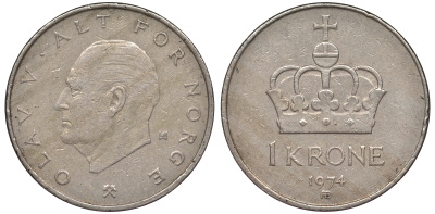Норвегия 1 крона 1974 Олаф V KM 419 медно-никель 25-2144