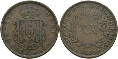 Португалия 20 реалов 1851 KM 482 медь 272-1343
