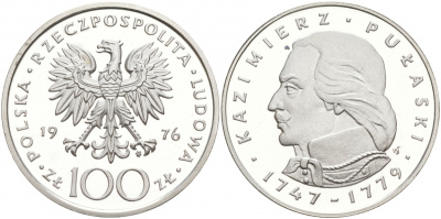 Польша 100 злотых 1976 MW, Казимир Пулавский (1747-1779) KM 84, Parchimowicz 275 серебро PROOF 1087-8-62