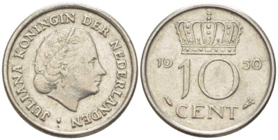 НИДЕРЛАНДЫ 10 ЦЕНТОВ 1950 ЮЛИАНА (1948-1980) KM 182 никель 214-1141