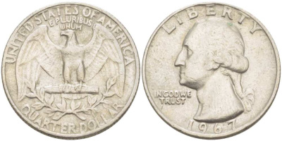 США 25 центов (квотер) 1967 Вашингтон KM 164a медь плакированная медно-никелем 4402-323