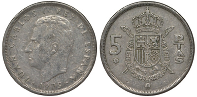Испания 5 песет 1975 (76) Хуан Карлос I (1975-2001) KM 807 медно-никель 4128-1016