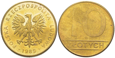 ПОЛЬША 10 ЗЛОТЫХ 1989 MW KM 152.2 латунь 4544-614