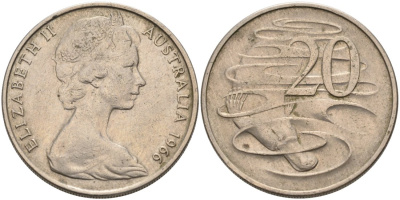 Австралия 20 центов 1966 Елизавета II (1952-2022), утконос KM 66 медно-никель 4572-624