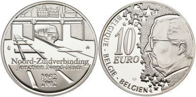 Бельгия 10 евро 2002 50 лет открытию железнодорожной ветки Норд-Миди около Брюсселя KM 233 серебро PROOF 02-117-56