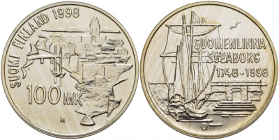 Финляндия 100 марок 1998 Свеаборг, бастионная система укреплений на островах близ Хельсинки, корабли KM 88 серебро UNC 01-148-32