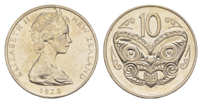 Новая Зеландия 10 центов 1978 Елизавета II (1952-2022), маска маори KM 41 медно-никель 4652-642