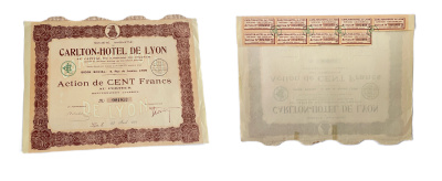 Франция, отель Carlton в Лионе акция в 100 франков 1931 9 купонов бумага 48-63-1-2