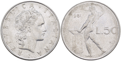 ИТАЛИЯ 50 ЛИР 1981 R, КУЗНЕЦ KM 95.1 нержавеющая сталь 89-1531
