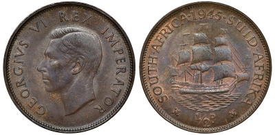 Южная Африка 1/2 пенни 1952 Георг VI, парусник, густая патина KM 33 бронза PROOF 1531-712