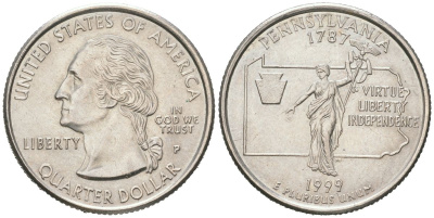 США 25 центов = квотер = 1/4 доллара 1999 P, квотер штата Пенсильвания KM 294 медь плакированная медно-никелем UNC 183-211