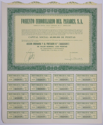 Испания акция на 1000 песет 1973 Fomento Inmobiliario del Panades, S.A., Барселона 1973, с купонами бумага 5544-10