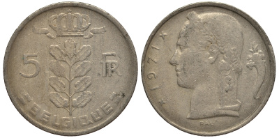 БЕЛЬГИЯ 5 ФРАНКОВ 1971 BELGIQUE, БОДУЭН I (1951-1993) KM 134.1 медно-никель VG 4182-541