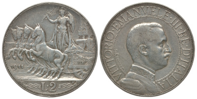 Италия 2 лиры 1911 R, Виктор Эммануил III (1900-1948), квадрига KM 46 серебро 00-811-24