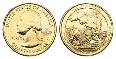 США 1/4 доллара (25 центов) 2010 Квотеры «Парки США» - Национальный парк Йеллоустоун KM 470 медь плакированная золотом UNC 11-265-41