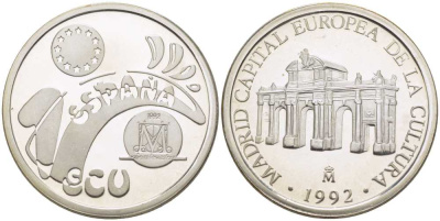 Испания 1 экю 1992 Мадрид - столица европейской культуры в оригинальной деревянной коробке, с сертификатом X M8 серебро  PROOF  4-3-1-08